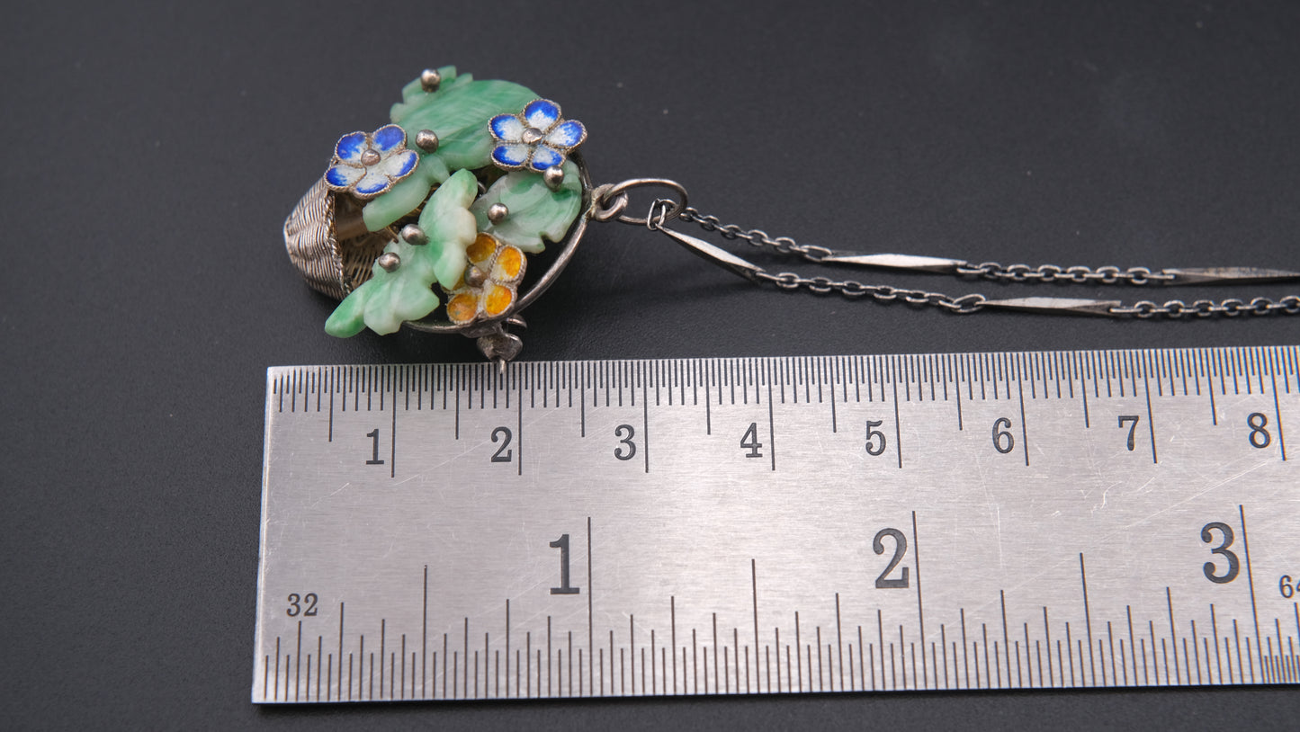 Antique Sterling Silver Jade Flower Basket Pendant Brooch – Cloisonné Enamel, Marked 9988, Chinese Export