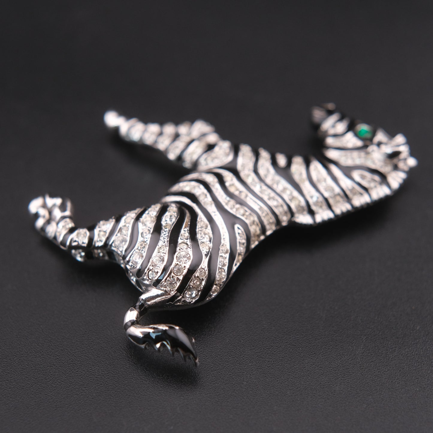 ❤️ Vintage Zebra Brooch Silver Tone with Black Enamel & Crystal Stripes