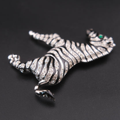 ❤️ Vintage Zebra Brooch Silver Tone with Black Enamel & Crystal Stripes