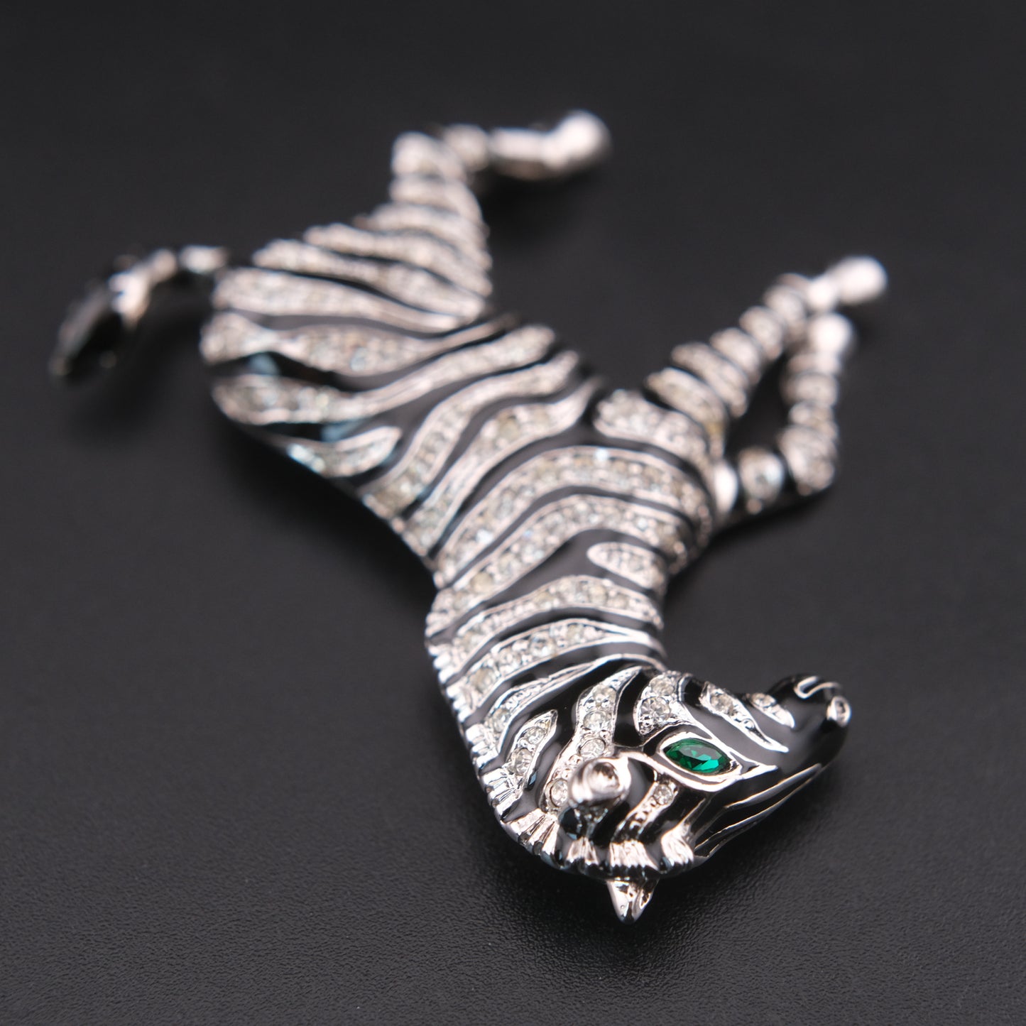 ❤️ Vintage Zebra Brooch Silver Tone with Black Enamel & Crystal Stripes