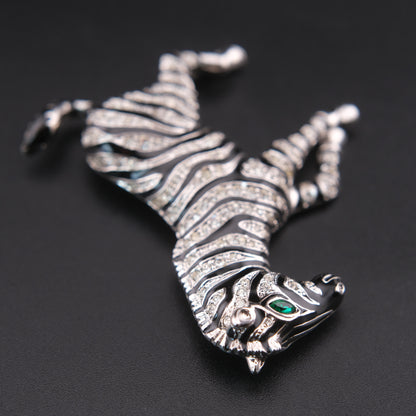 ❤️ Vintage Zebra Brooch Silver Tone with Black Enamel & Crystal Stripes