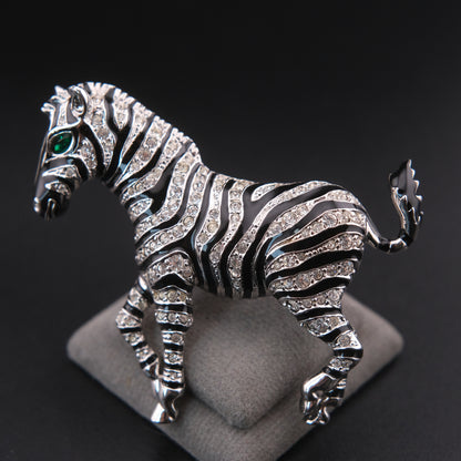 ❤️ Vintage Zebra Brooch Silver Tone with Black Enamel & Crystal Stripes