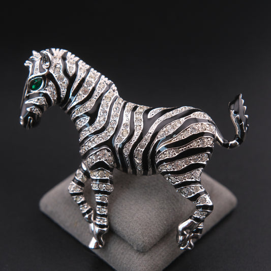 ❤️ Vintage Zebra Brooch Silver Tone with Black Enamel & Crystal Stripes