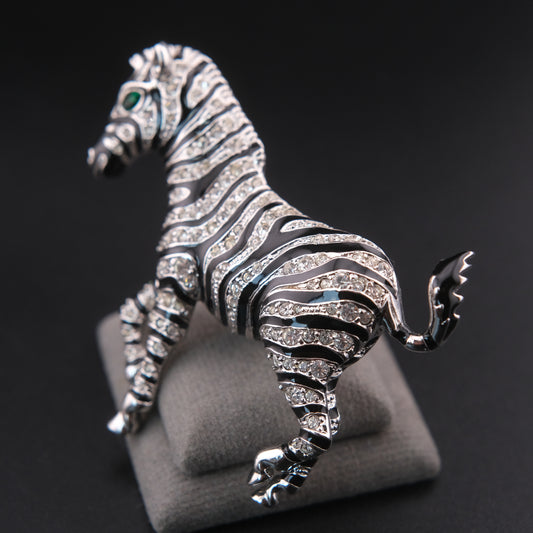 ❤️ Vintage Zebra Brooch Silver Tone with Black Enamel & Crystal Stripes