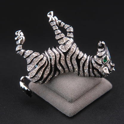 ❤️ Vintage Zebra Brooch Silver Tone with Black Enamel & Crystal Stripes