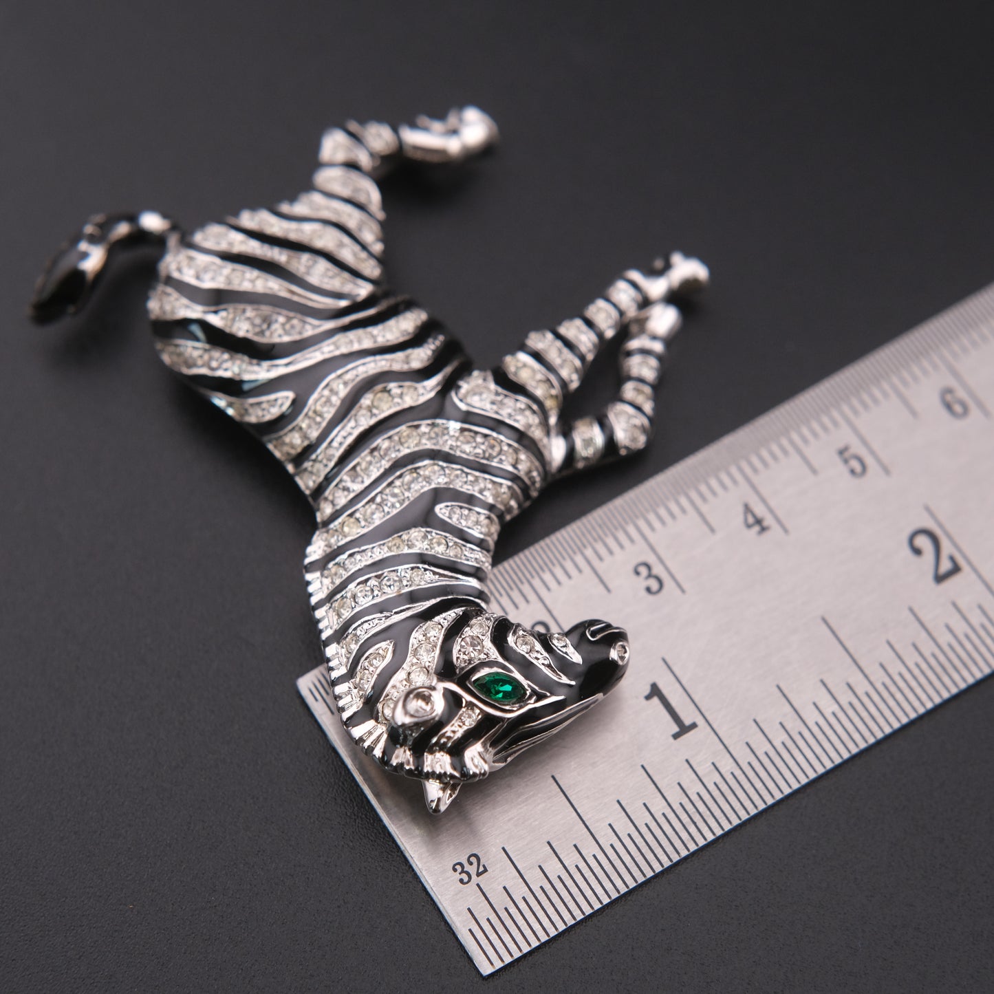 ❤️ Vintage Zebra Brooch Silver Tone with Black Enamel & Crystal Stripes
