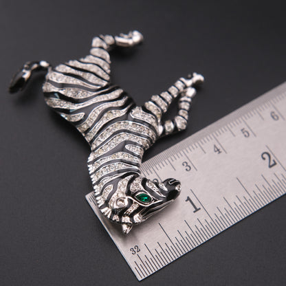 ❤️ Vintage Zebra Brooch Silver Tone with Black Enamel & Crystal Stripes