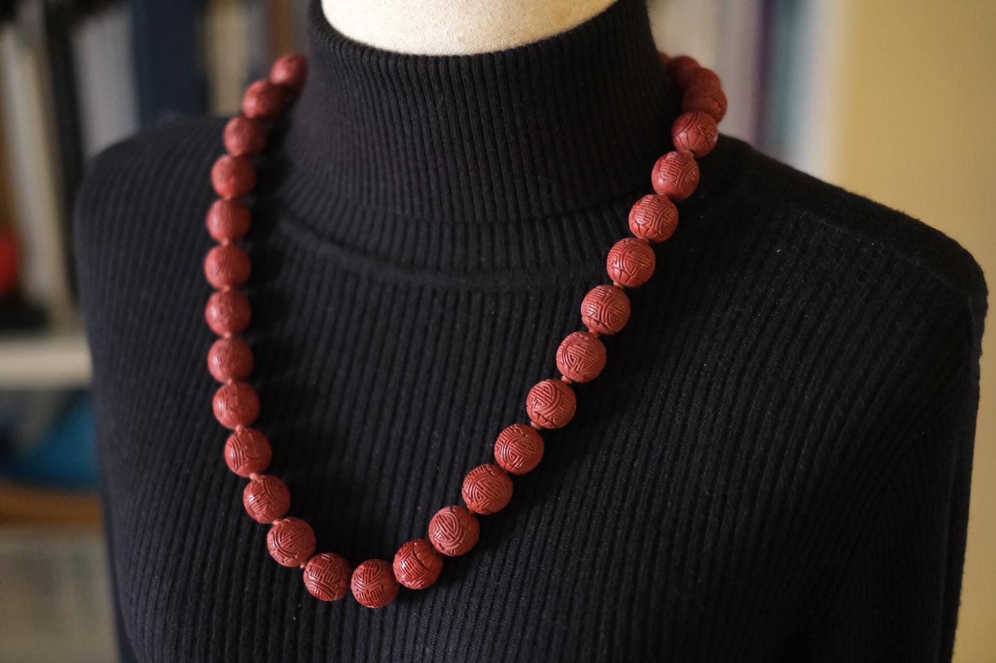 Vintage Chinese Cinnabar Bead Necklace with Sterling Silver Filigree Clasp