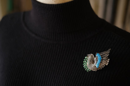 Vintage Chinese Filigree Enamel Bird Brooch Pendant – 925 Silver Dove with Olive Branch – Blue Green Cloisonné Accents