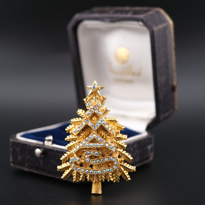 ❤️ Vintage Gold-Tone Christmas Tree Brooch with Aurora Borealis Rhinestones