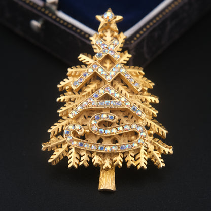 ❤️ Vintage Gold-Tone Christmas Tree Brooch with Aurora Borealis Rhinestones