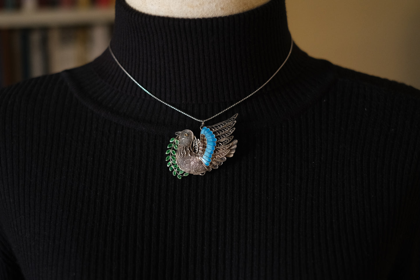Vintage Chinese Filigree Enamel Bird Brooch Pendant – 925 Silver Dove with Olive Branch – Blue Green Cloisonné Accents