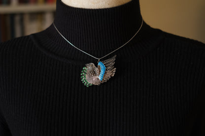 Vintage Chinese Filigree Enamel Bird Brooch Pendant – 925 Silver Dove with Olive Branch – Blue Green Cloisonné Accents