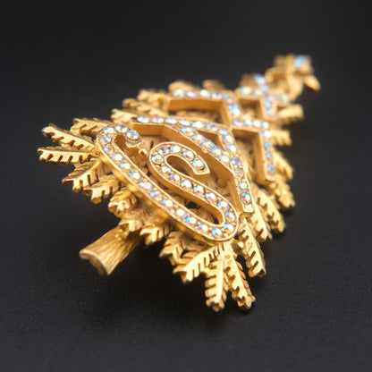 ❤️ Vintage Gold-Tone Christmas Tree Brooch with Aurora Borealis Rhinestones