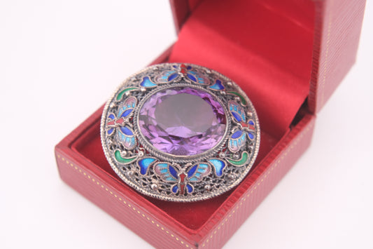 Chinese Export Amethyst Brooch – Silver Filigree with Enamel Butterflies