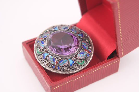 Chinese Export Amethyst Brooch – Silver Filigree with Enamel Butterflies