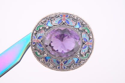 Chinese Export Amethyst Brooch – Silver Filigree with Enamel Butterflies