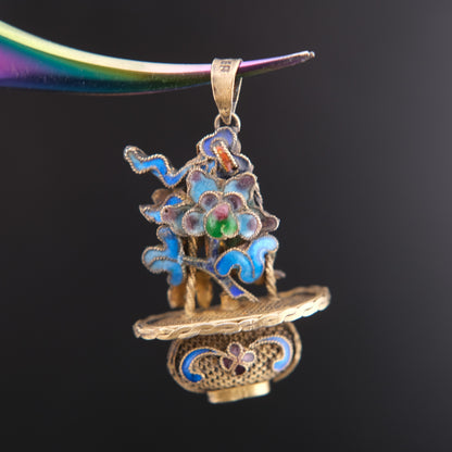 ❤️ Antique Vintage Silver Enamel Pendant – Floral Basket Design  (Chain Not Included)