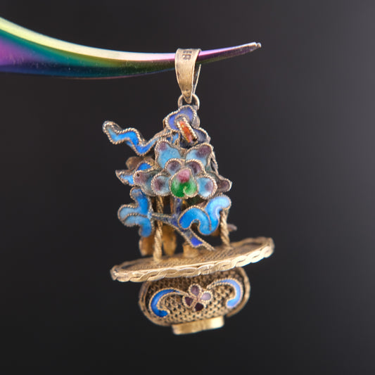 ❤️ Antique Vintage Silver Enamel Pendant – Floral Basket Design  (Chain Not Included)