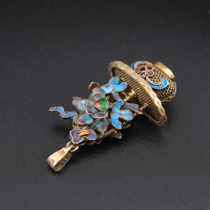 ❤️ Antique Vintage Silver Enamel Pendant – Floral Basket Design  (Chain Not Included)