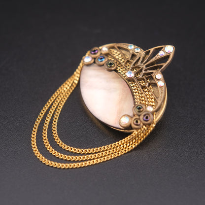 Echt Art Deco Handarbeit Brooch – Mother of Pearl with Gold Chains