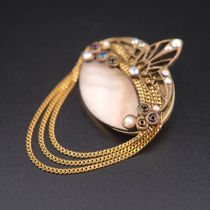 Echt Art Deco Handarbeit Brooch – Mother of Pearl with Gold Chains