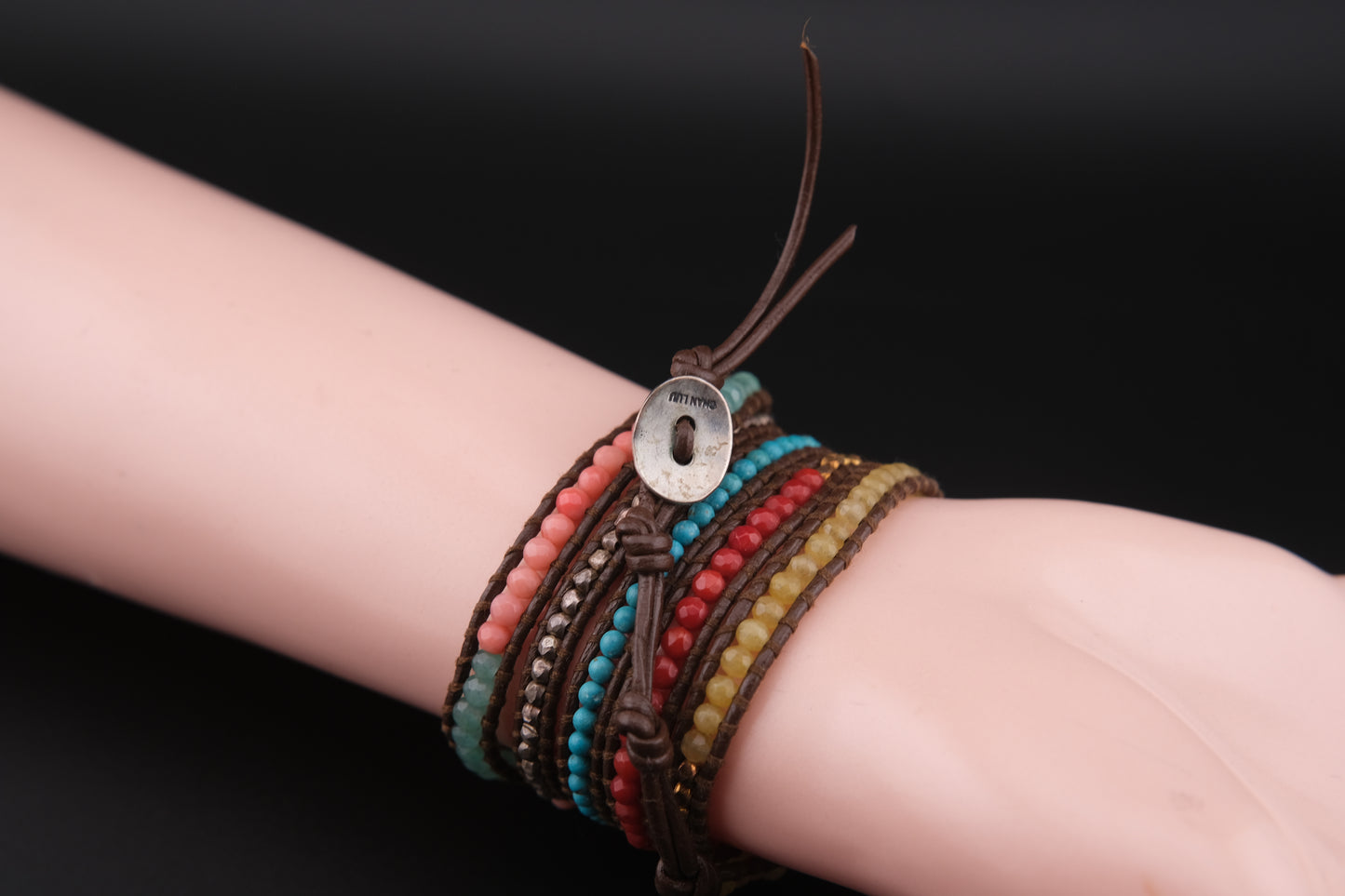 Chan Luu Multicolor Beaded Wrap Bracelet – Sterling Silver Button & Nuggets, Adjustable 32–34"