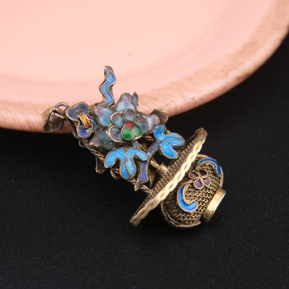 ❤️ Antique Vintage Silver Enamel Pendant – Floral Basket Design  (Chain Not Included)