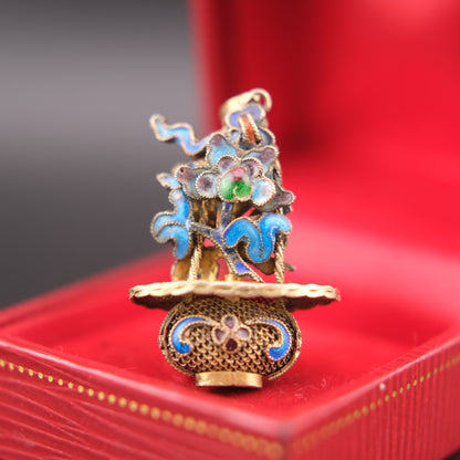 ❤️ Antique Vintage Silver Enamel Pendant – Floral Basket Design  (Chain Not Included)
