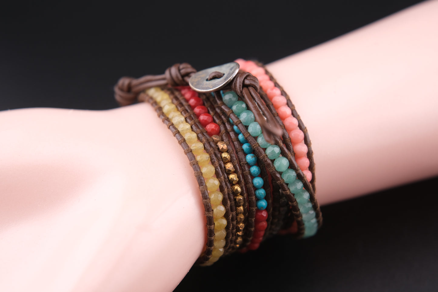 Chan Luu Multicolor Beaded Wrap Bracelet – Sterling Silver Button & Nuggets, Adjustable 32–34"