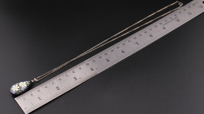 Vintage Toshikane Japan 2-Sided Porcelain Floral Teardrop Pendant Necklace – Hand-Painted Black & White Blossom Motif