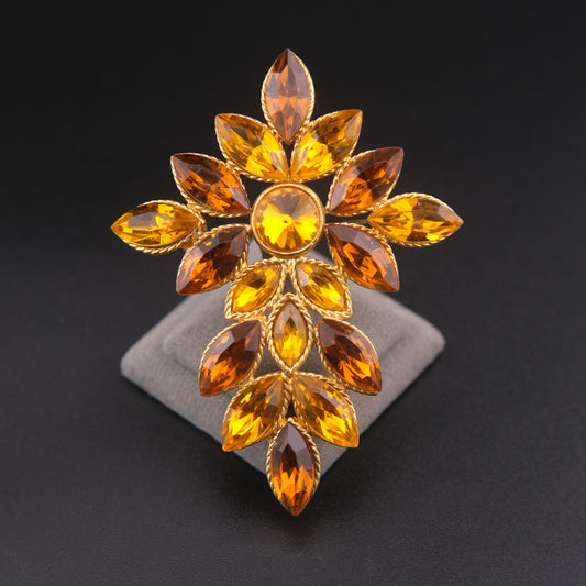 ❤️ Vintage Amber Rhinestone Leaf Spray Brooch Gold Tone Marquise Design