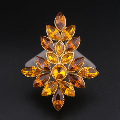❤️ Vintage Amber Rhinestone Leaf Spray Brooch Gold Tone Marquise Design
