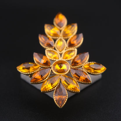 ❤️ Vintage Amber Rhinestone Leaf Spray Brooch Gold Tone Marquise Design