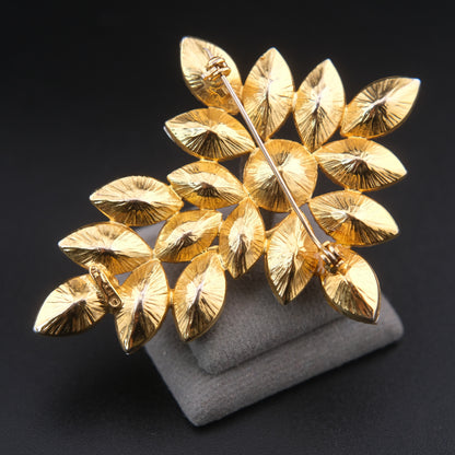 ❤️ Vintage Amber Rhinestone Leaf Spray Brooch Gold Tone Marquise Design