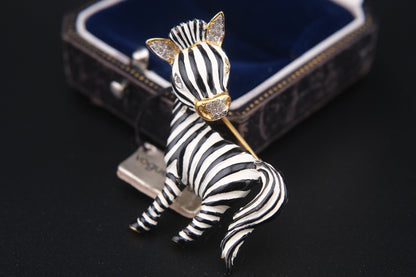 Signed Vogue Bijoux Vintage Zebra Brooch Pin – Enamel, Rhinestone,