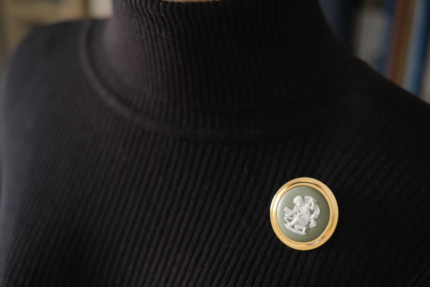 Vintage Wedgwood Jasperware Cameo Brooch – Green & White Cupid Motif with Gold-Tone Frame