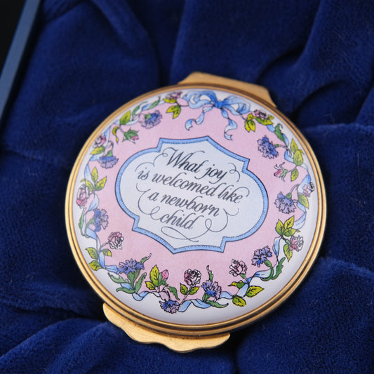 ❤️ Vintage Halcyon Days "Welcome Newborn Child" Enamel Trinket Box