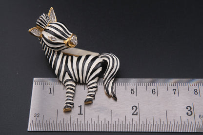 Signed Vogue Bijoux Vintage Zebra Brooch Pin – Enamel, Rhinestone,