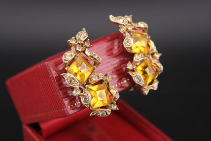 Vintage Bogoff Yellow Glass & Rhinestone Clip-On Earrings – Elegant 1950s Statement Jewelry