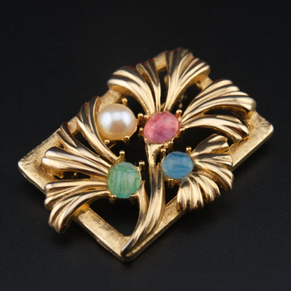 Vintage Richelieu Gold-Tone Floral Brooch with Pastel Cabochons & Faux Pearl