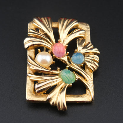 Vintage Richelieu Gold-Tone Floral Brooch with Pastel Cabochons & Faux Pearl