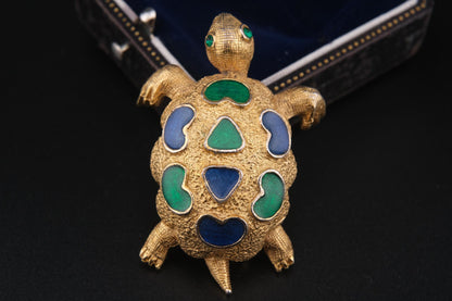 Vintage Signed Forenza Gold-Tone Metal Turtle Brooch with Green & Blue Enamel –