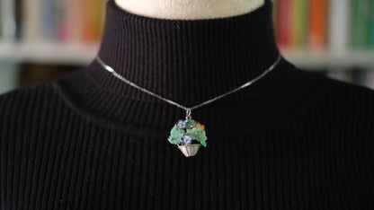 Antique Sterling Silver Jade Flower Basket Pendant Brooch – Cloisonné Enamel, Marked 9988, Chinese Export