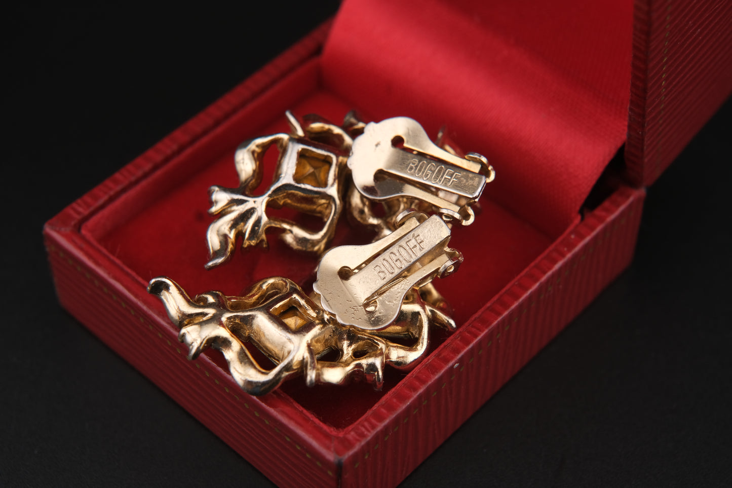 Vintage Bogoff Yellow Glass & Rhinestone Clip-On Earrings – Elegant 1950s Statement Jewelry