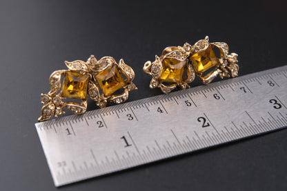 Vintage Bogoff Yellow Glass & Rhinestone Clip-On Earrings – Elegant 1950s Statement Jewelry