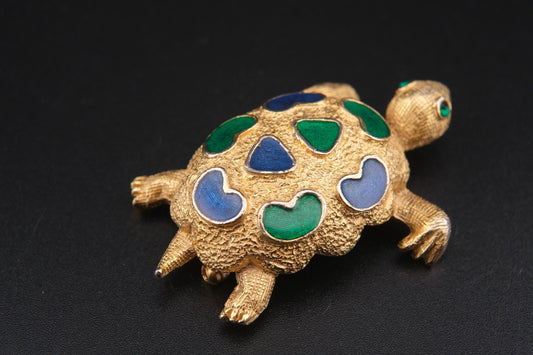Vintage Signed Forenza Gold-Tone Metal Turtle Brooch with Green & Blue Enamel –