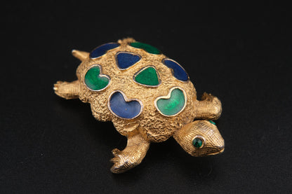 Vintage Signed Forenza Gold-Tone Metal Turtle Brooch with Green & Blue Enamel –