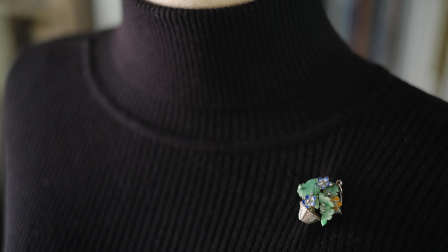 Antique Sterling Silver Jade Flower Basket Pendant Brooch – Cloisonné Enamel, Marked 9988, Chinese Export