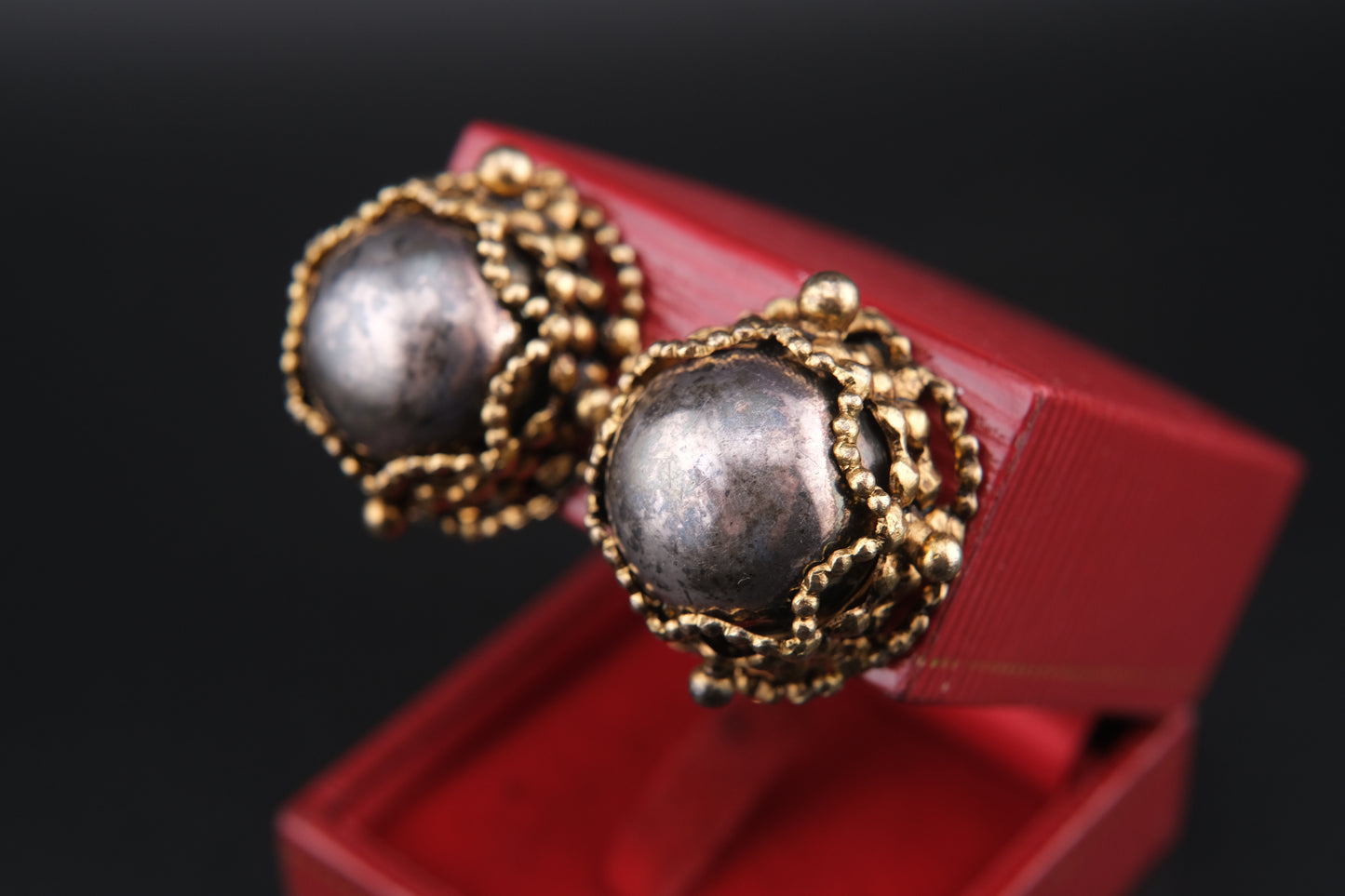 Vintage Poggi Paris Dome Clip-On Earrings – Ornate Gold Filigree with Dark Patina Cabochons